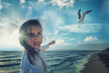 Seagull kite flying - bird, summer, blue, beach, girl, john wilhelm, sea, creative, wind, kite, pasare, little