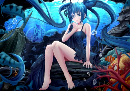 Deep sea girl - beautiful anime art, pretty, water, beautiful, coral, vocaloid, anime, ocean, crying, pigtails, female, sea, tears, hatsune miku