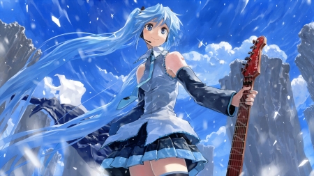 Hatsune Miku - Vocaloid, Female, Guitar, Hatsune Miku, Pretty, Anime, Sky