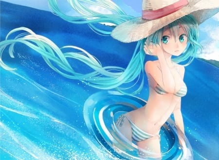 Hatsune Miku - hatsune miku, swimsuit, water, pigtails, sun hat, pretty, bikini, vocaloid, anime, cute