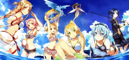 Sword Art Online - girls, cute, water, anime, ocean, sky, bikini, sword art online, female, swimsuit