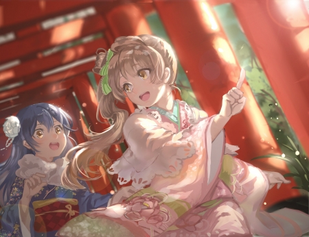 Minami and Umi - anime girls, female, love live, beautiful anime art, umi sonoda, japan, anime, school idol project, kotori minami, kimono