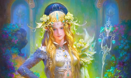 Elf Princess - woman, princess, nice, girl, rod, fantasy, lamamake, art, pretty, beautiful, digital, blonde