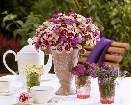 Beautiful Flowers - flowers, table, tea pot, glass