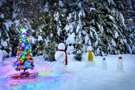 Finding Christmas Tree - Christmas Tree, snowmen, winter, attractions in dreams, snow, holidays, xmas and new year, nature, Christmas, love four seasons