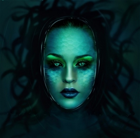 SIREN - face, female, mermaid, siren, eyes, green, scales