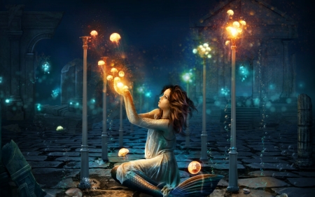 Atlantis lights - girl, atlantis lights, luminos, mermaid, blue, orange, fantasy, frostalexis