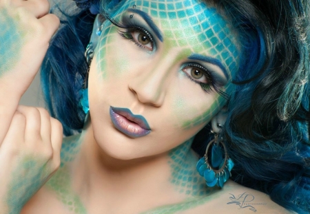 Mermaid - woman, face, girl, mermaid, blue, make-up, model