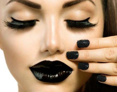 Beauty - woman, anna subbotina, girl, lips, black, model, manicure, face, hand, nails