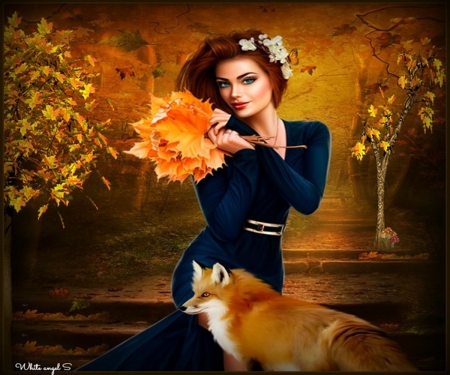 Autumn Lady - fantasy, animal, nature, lady, fox