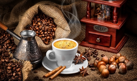 Coffee - pretty, cinnamon, coffee maker, beans, coffee, morning, cup