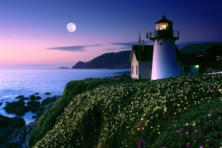 full moon in the sky - fun, moob, lighthouse, ocean, cool, architecture