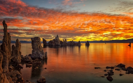 Sunset at Mono Lake - lake, sky, mono, water, sunset, rocks, nature, tufa, reflection, clouds, orange