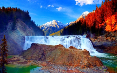 Mountain Falls - clouds, trees, nature, waterfall, forest, mountain