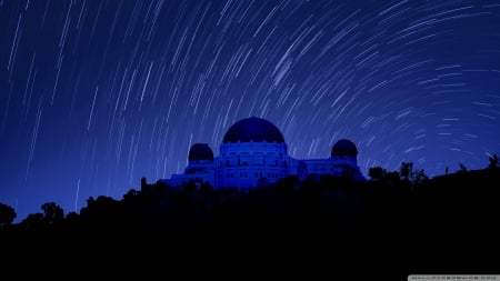 Griffith Observatory at Night, Star Trails - California, nature, blue, dark, sky