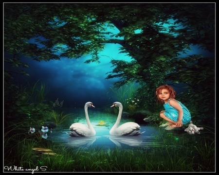 little girl - nature, swan, girl, fantasy