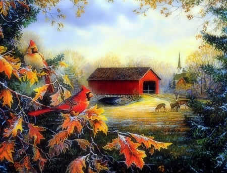 Red River Crossing - attractions in dreams, autumn, colorful, deer, nature, cardinals, love four seasons, leaves, paintings, bridges, birds, fall season