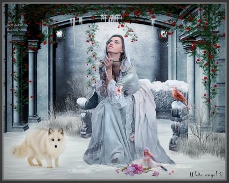 Winter lady - fox, lady, fantasy, snow