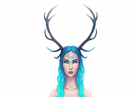 Destiny - jojoesart, blue, girl, horns, fantasy, white, deer, woman, destiny