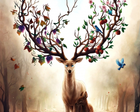 Seasons change - sason, deer, jojoesart, fantasy, horns, bird, art, butterfly, luminos, flower