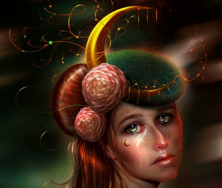 Moon Maiden - moon, woman, brietolga, rose, fantasy, face, art, pink, luminos, green, luna, flower, maiden, loona