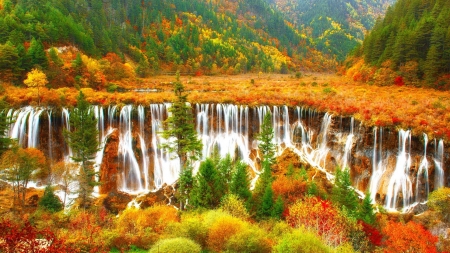 Autumn Cascades - autumn, mountain, trees, water, waterfalls, mountains, waterfall, plants, rocks, foliage, fall