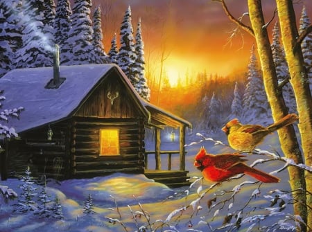 Winter watchers - cottage, peaceful, sunset, painting, art, cold, evening, house, mountain, watcher, winter, wooden, night, bird, cardinals, forest, snow, beautiful, frost, cabin, lights