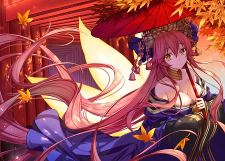 Caster - maiden, beautiful, hot, leaves, anime girl, girl, umbrella, elegant, lady, gorgeous, autumn, breeze, beauty, windy, fate stay night, anime, caster, long hair, sexy, female