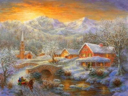 Winter Merriment - bridges, winter, attractions in dreams, paintings, creek, sliegh, snow, holidays, xmas and new year, nature, churches, mountains, villages, Christmas, love four seasons