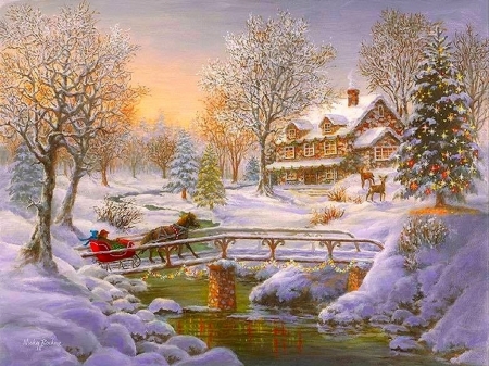 Bridge to Grandma's House - love four seasons, winter, xmas and new year, creek, attractions in dreams, holidays, christmas, christmas tree, houses, bridges, paintings, snow