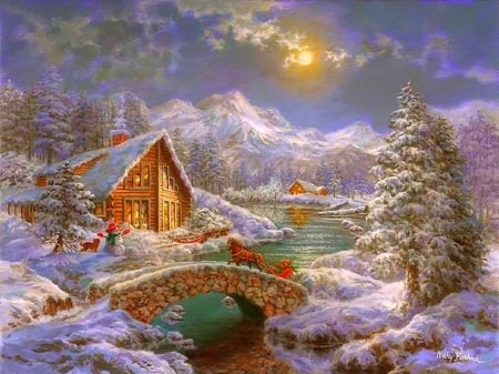 Natures Magical Season - bridges, Christmas Tree, snowman, winter, attractions in dreams, paintings, creek, sliegh, snow, holidays, xmas and new year, cottages, Christmas, love four seasons, houses