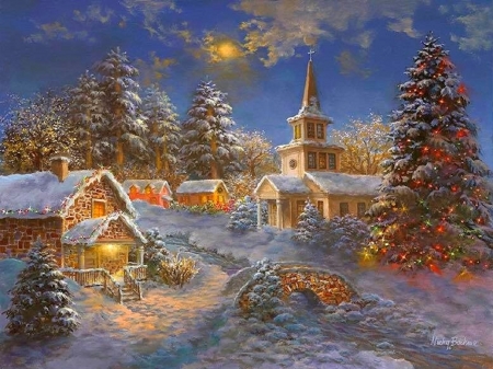 Happy Spirits Await Christmas - bridges, winter, attractions in dreams, paintings, snow, holidays, xmas and new year, churches, villages, Christmas, love four seasons, houses, Christmas Trees