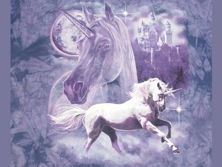 the purple unicorns - moon, fantasy art, castle