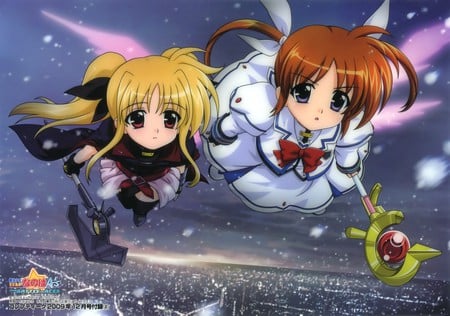 Nanoha and Fate - nanoha, magical girl lyrical nanoha a s, anime girl, weapon, fate