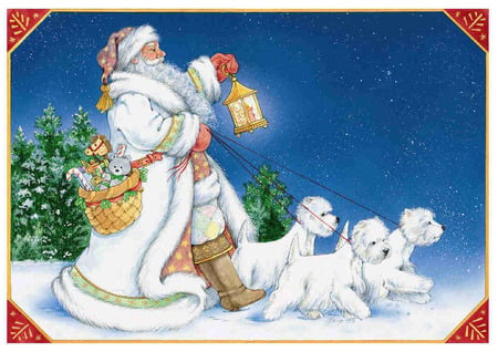 One magical night - x mas, santa claus, funny, x-mas, christmas, painting, white, santa, holidays, art, dog, blue, snow, animal, dogs, gifts