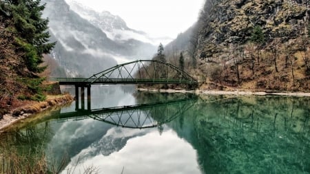 Bridge - clouds, river, water, Bridge, lake, wet, mountains, rocks