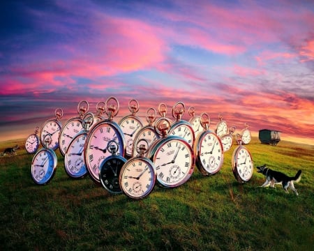 More Time - field, sky, dog, clock