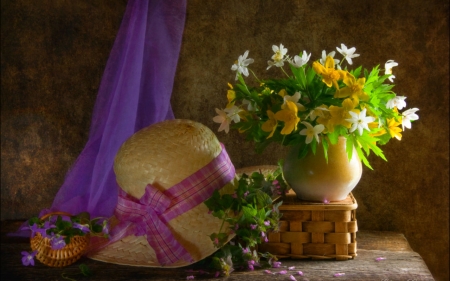 Still Life - flowers, still life, bloom, hat