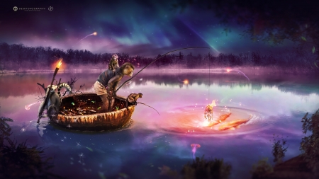 Chinese Zodiac Monkey - fishing, zodiac, water, luminso, fantasy, desktopography, pink, blue, animal, orange, monkey, chinese, boat