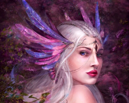 Shiera Seastar - feather, purple, pink, shiera seastar, girl, fantasy, game of thrones, qi art, luminos