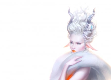 Demonesse - woman, girl, kir tat, fantasy, horns, white, art, luminos, orange, demon