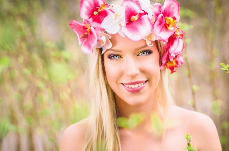 Beauty - woman, girl, summer, model, face, pink, green, smile, flower