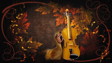 Autumn romance - love, autumn, passion, couple, guitar, dance, music, lovely, fall, pretty, romantic, beautiful, leaves, violin