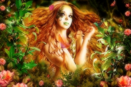 Natural Woman - butterflies, creative pre-made, digital art, weird things people wear, photomanipulation, flowers, fantasy, redhead, woman, love four seasons