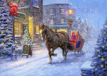 Christmas Romance - winter, attractions in dreams, snow, holidays, xmas and new year, sleigh horses, couple, Christmas, love four seasons, Christmas Trees, lovers