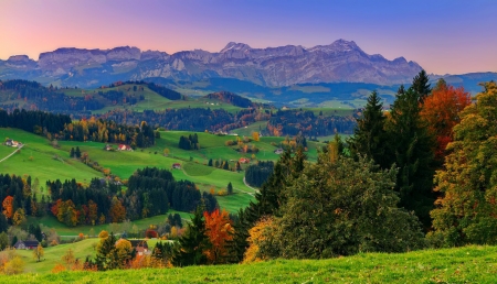 Mountain view - trees, hills, beautiful, vautumn, landscape, slope, grass, mountain, village, fall, view, sky