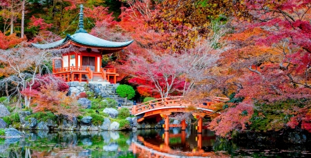 Autumn temple - autumn, lake, trees, peaceful, foliage, serenity, tranquility, fall, forest, japan, reflection, beautiful, bridge, temple, pond