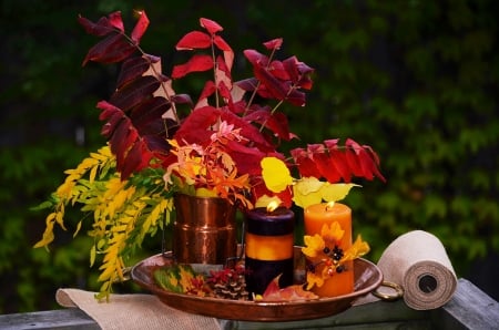 Autumn still life - candle, autumn, lovely, still life, foliage, vase, flame, fall, pretty, beautiful, leaves, flowers