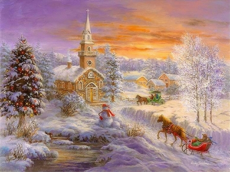 Holiday Worship - Christmas Tree, snowman, winter, attractions in dreams, paintings, snow, holidays, xmas and new year, churches, sliegh horses, villages, Christmas, love four seasons, Christmas Trees