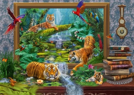 Fantasy with tigers - frame, animal, tiger, bird, waterfall, fantasy, orange, luminos, green